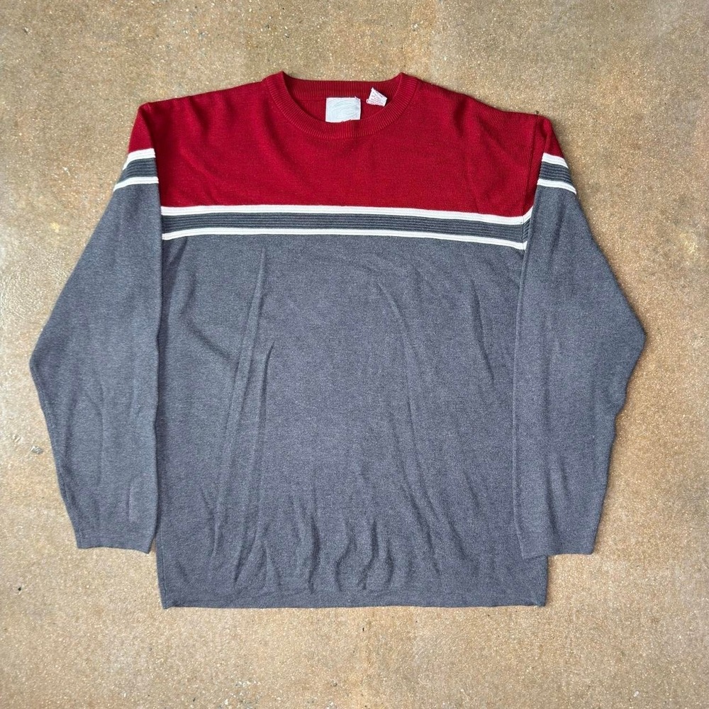 Vintage Point Zero Mens Large Colorblock Knit Sweater Burgundy Gray Crewneck